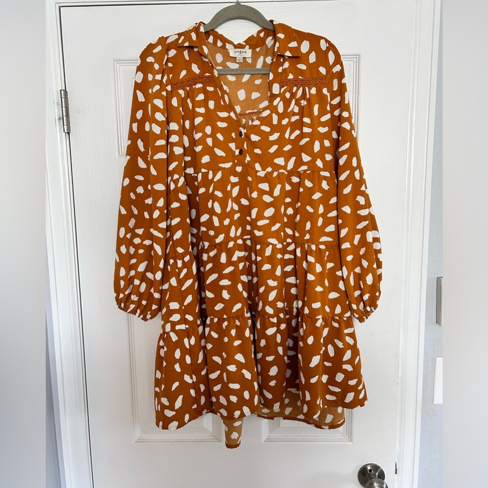 Umgee Animal Print Split Neck Long Puff Sleeve Dress
